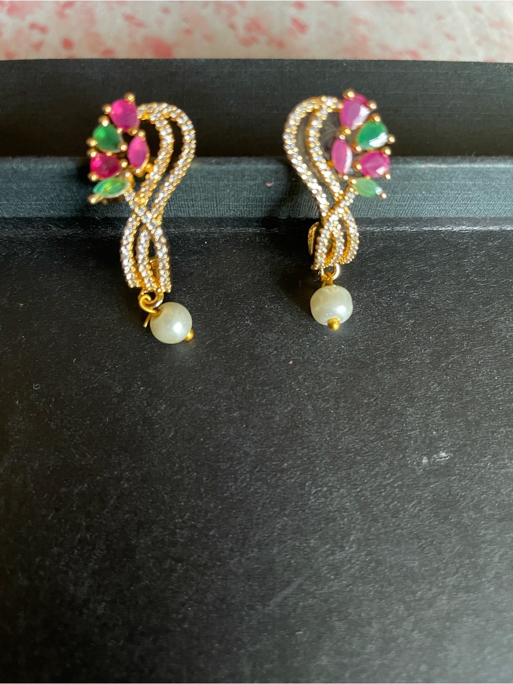 Gold Plated Pearl Drop Earrings with Pink & Green Stones - Women Jewelry